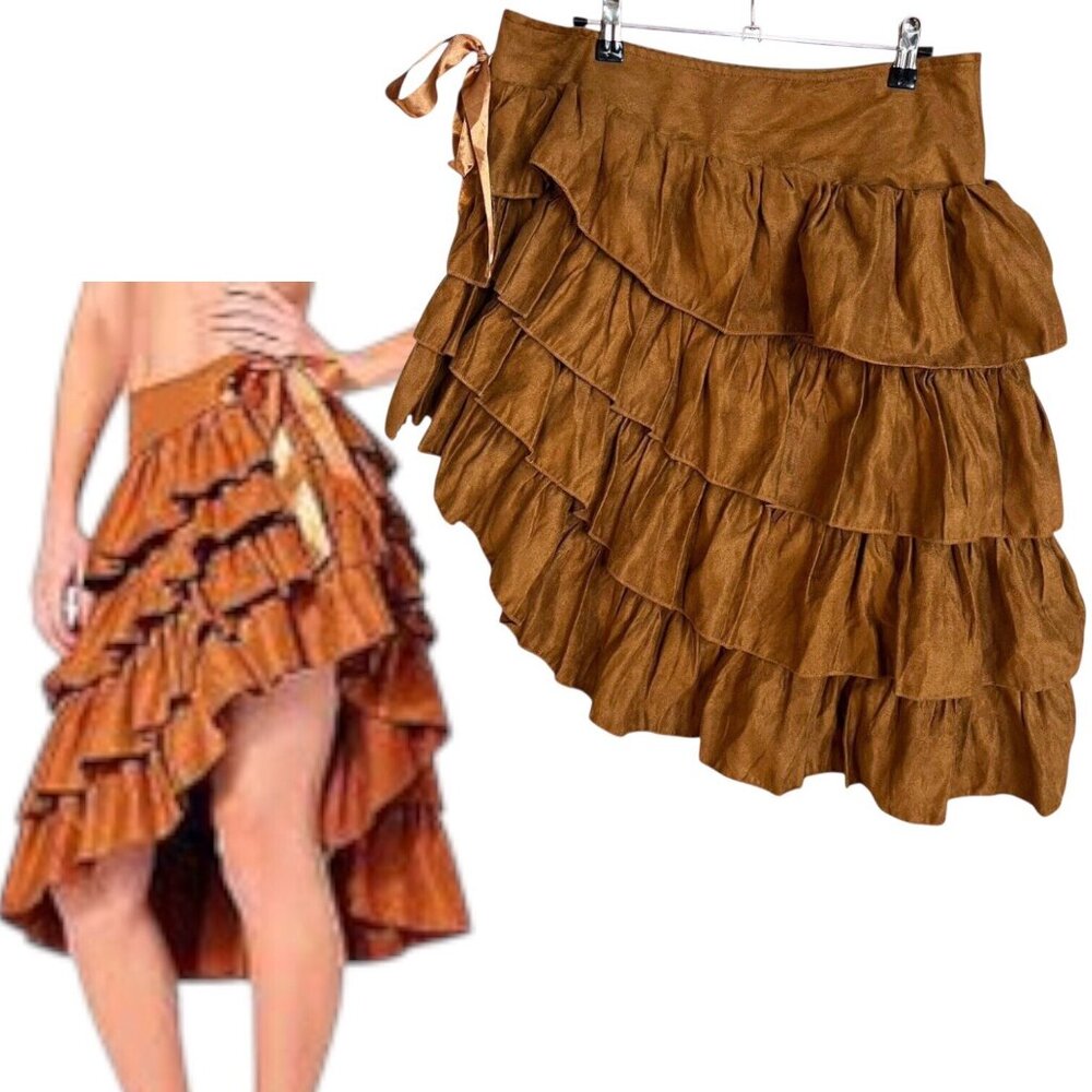 Spirit Halloween Women Faux Suede Tiered Skirt M Ruffle Layer Brown Asymmetrical